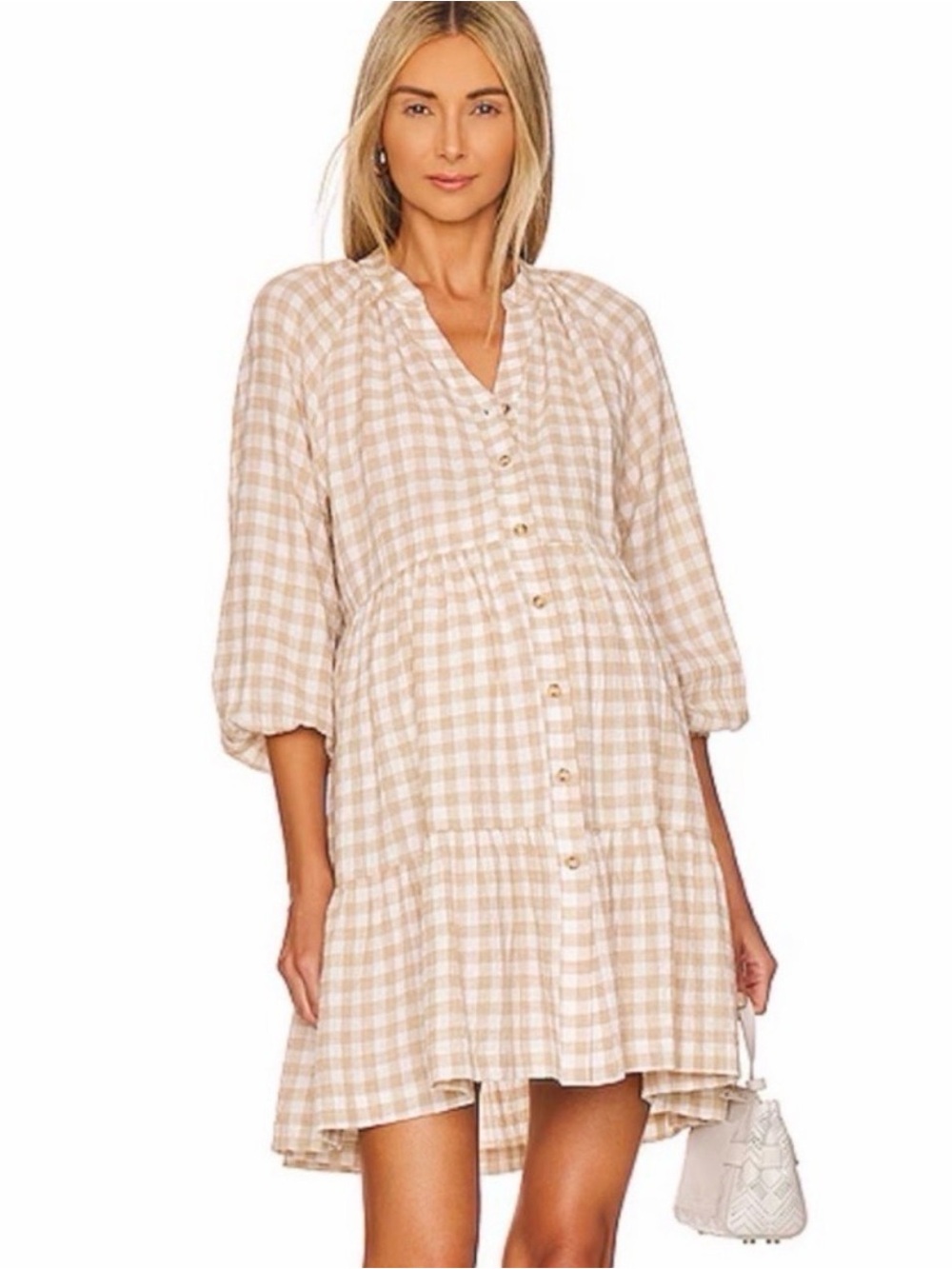 Hatch The Aurora Mini Dress Maternity Size 1 (2-4) Tan Ivory Gingham EUC Flowy